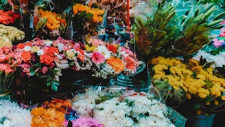 A vibrant display of various flowers, including sunflowers, daisies, carnations, and chrysanthemums, organized in bouquets. Many of the flowers are wrapped in clear plastic and arranged in a crowded, colorful assortment. The scene suggests a bustling flower market or shop, with a focus on the richness and variety of the floral arrangements.