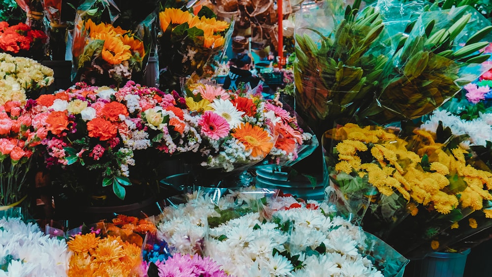 flores brancas e cor-de-rosa no recipiente plástico azul