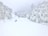 Several skiers glide down a snow-covered slope surrounded by densely packed, snow-laden trees. The sky is overcast, enhancing the wintry atmosphere.
