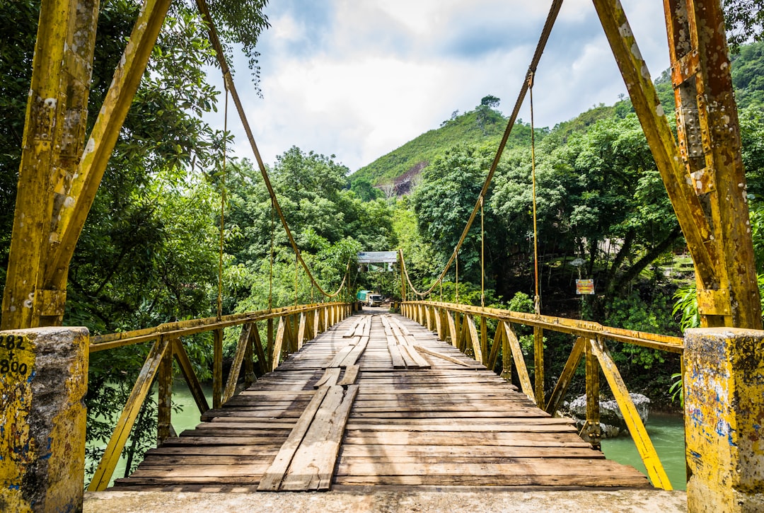 brown wooden bridge over green mountains during daytime