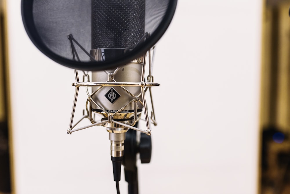 black and gray microphone with stand