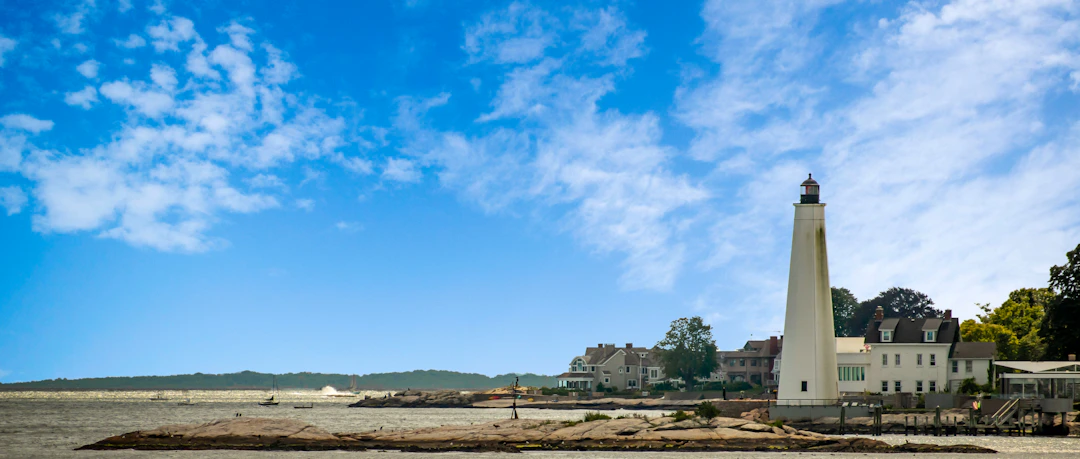 Historic lighthouse and coastal scenery in Connecticut