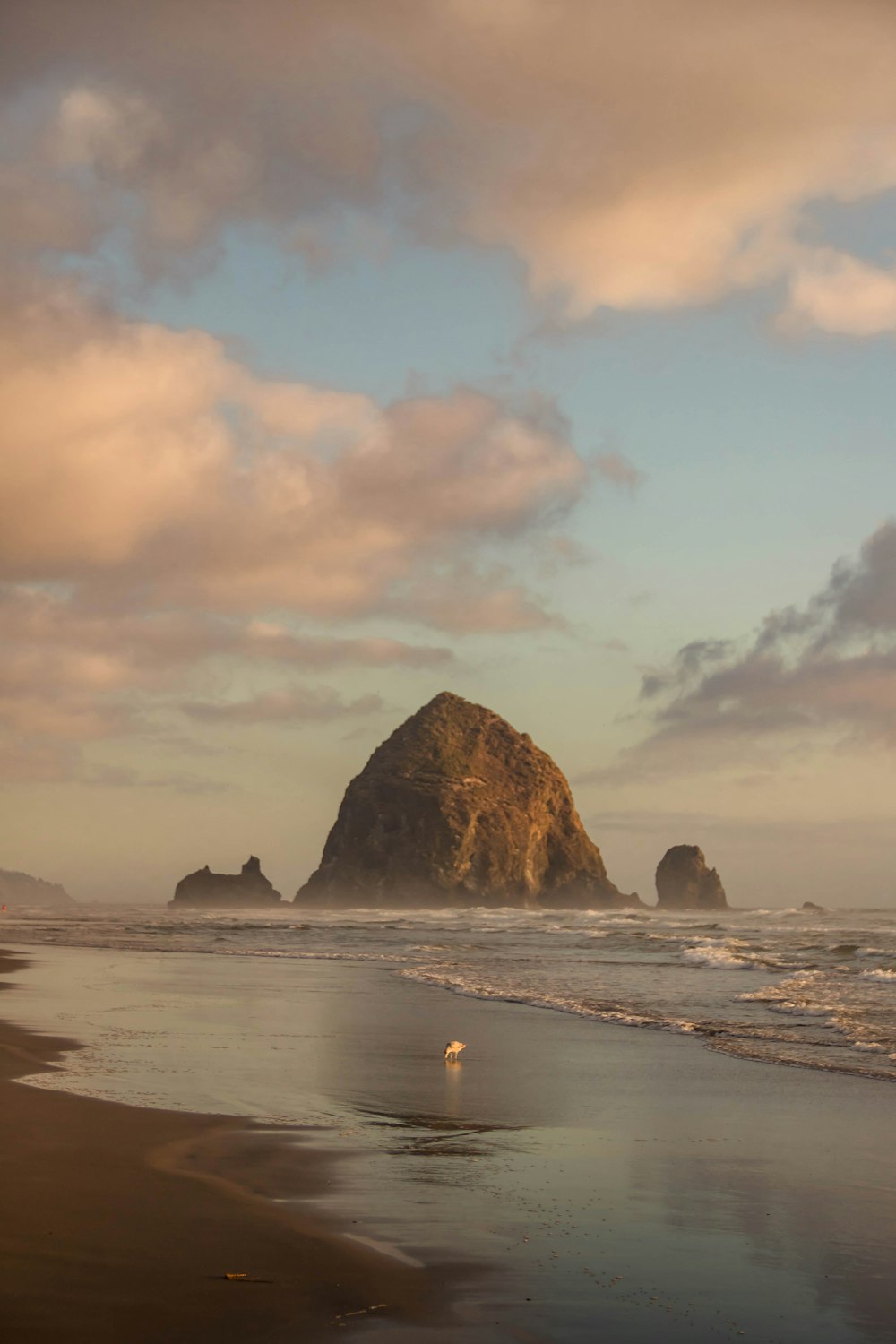 person standing on seashore near rock formation under white clouds during daytime