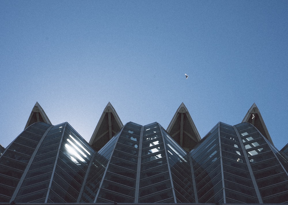 airplane flying over the building during daytime