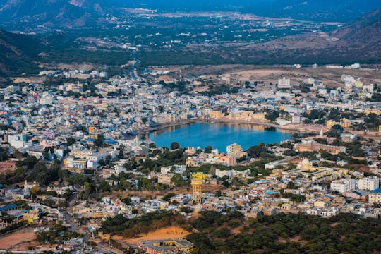 aerial view of city near body of water during daytime in Pushkar India
