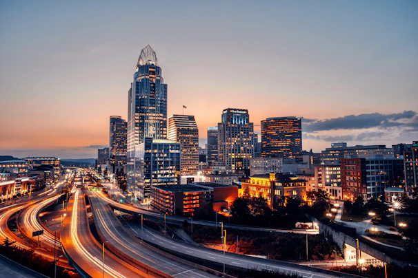 Modern cityscape with smart infrastructure and advanced technology integration at dusk.