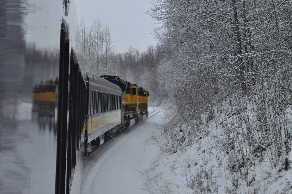 yellow and black train on rail tracks during daytime