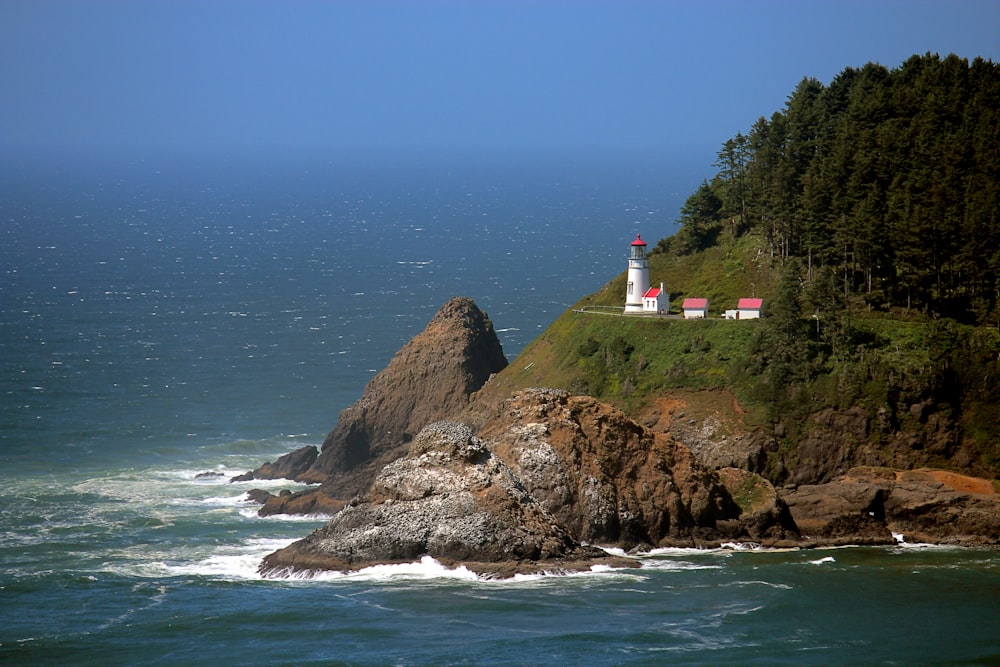 white and red lighthouse on brown rock formation near body of water during daytime