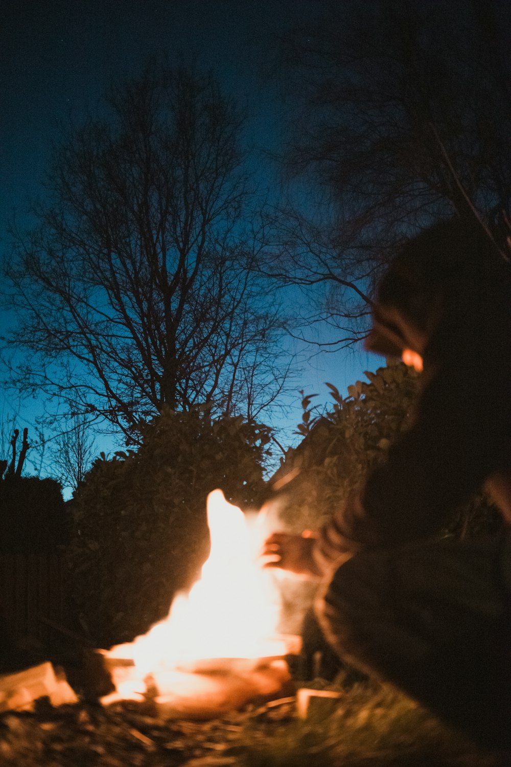 woman in black jacket standing near bare tree during night time