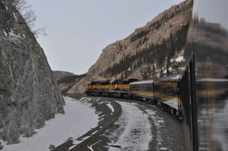 yellow and black train on rail tracks near brown rocky mountain during daytime