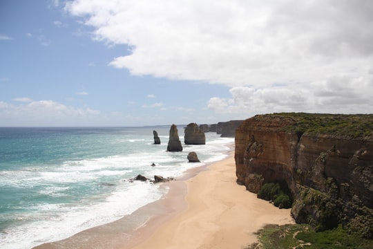 brown rock formation on sea shore during daytime in Twelve Apostles Marine National Park Australia