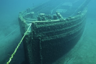 A sunken ship partially covered in algae and marine growth is visible underwater. The vessel's front is prominently shown, with a rope extending from it. The water around is a clear blue-green, allowing the details of the ship's structure and the sandy seabed to be seen.