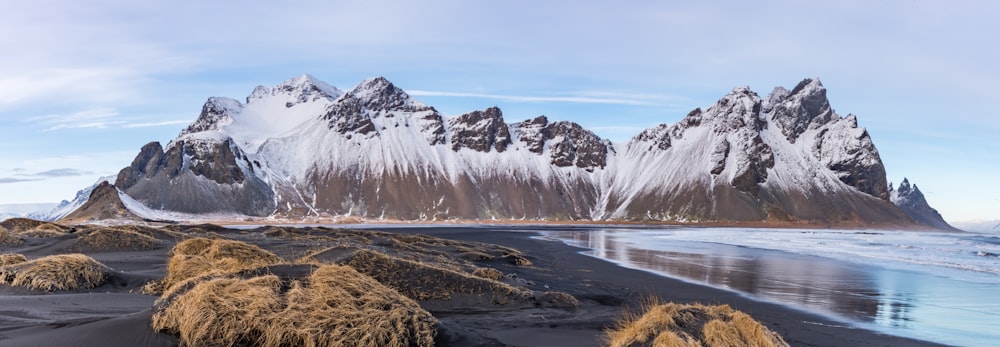 Hierba marrón cerca del lago y la montaña cubierta de nieve durante el día