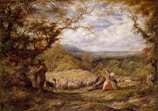 A pastoral scene featuring two seated figures in countryside attire surrounded by a flock of sheep. A shepherd stands nearby with a dog under a large, leafy tree. The landscape is expansive, with rolling hills and a cloudy sky in the distance, displaying a rich and detailed depiction of nature.