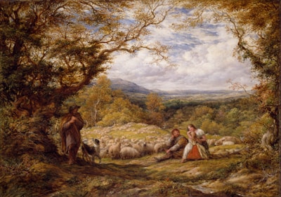 A pastoral scene featuring two seated figures in countryside attire surrounded by a flock of sheep. A shepherd stands nearby with a dog under a large, leafy tree. The landscape is expansive, with rolling hills and a cloudy sky in the distance, displaying a rich and detailed depiction of nature.
