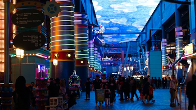 Interior business space with a bright LED screen displaying colorful promotions.