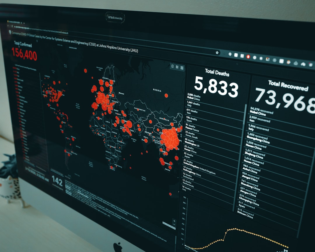 black flat screen computer monitor, Coronavirus coverage as of 3/15/2020. Heatmap by the Center for Systems Science and Engineering (CSSE) at John Hopkins University - https://gisanddata.maps.arcgis.com/apps/opsdashboard/index.html#/bda7594740fd40299423467b48e9ecf6<p></figure>(IG: @clay.banks)