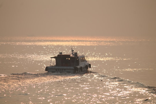 A sleek, elegant boat gliding through calm waters at sunset.