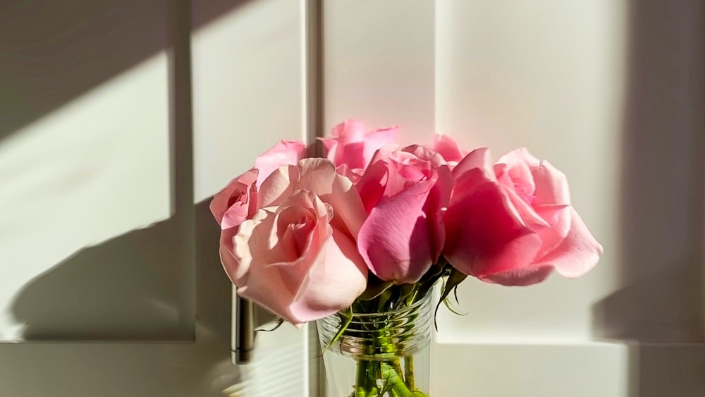 pink roses in clear glass vase