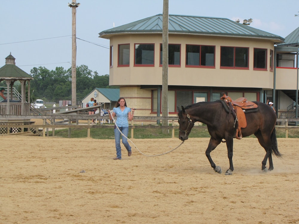 man in blue and white plaid dress shirt and blue denim jeans standing beside brown horse