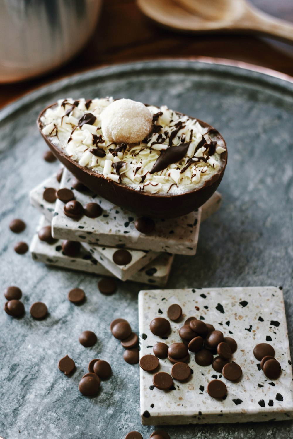 brown and white pastry on blue ceramic plate