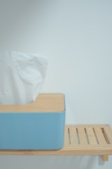 A minimalistic setup featuring a blue tissue box made of soft material, placed on a wooden shelf. The design emphasizes simplicity and modernity, with clean lines and a neutral background.