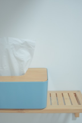 A minimalistic setup featuring a blue tissue box made of soft material, placed on a wooden shelf. The design emphasizes simplicity and modernity, with clean lines and a neutral background.
