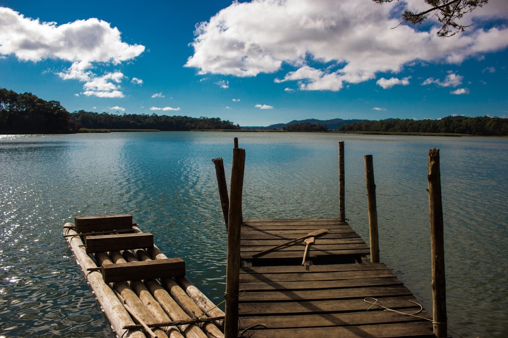 brown wooden dock on blue sea under blue and white cloudy sky during daytime