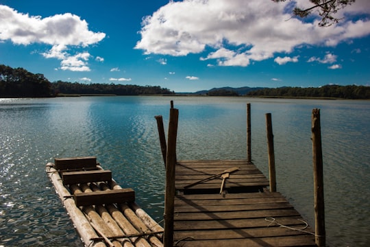 brown wooden dock on blue sea under blue and white cloudy sky during daytime in Lagunas de Montebello National Park Mexico