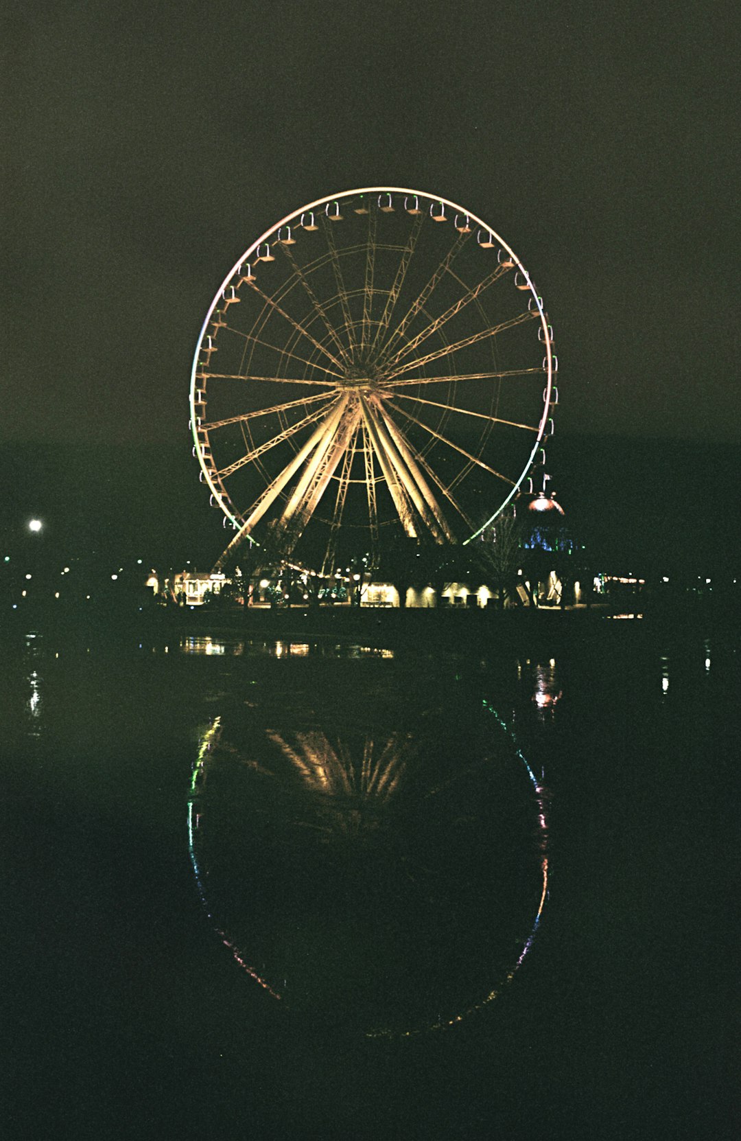 ferris wheel near body of water during night time