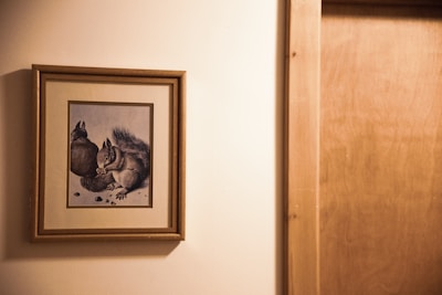 A framed illustration of two squirrels is hung on a beige wall. The artwork is bordered by a wooden frame, showing the squirrels in a natural pose on a pale background. The scene is captured next to a wooden door, which occupies part of the right side of the image.