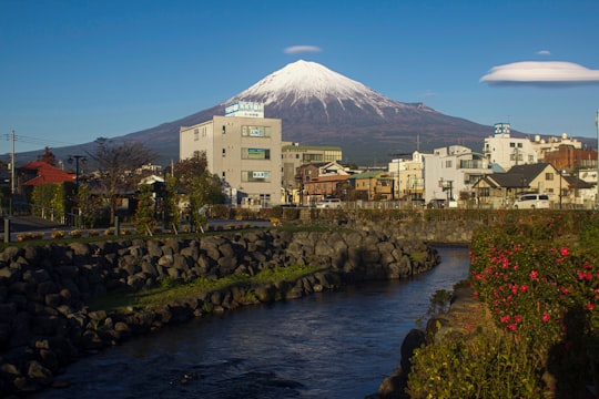 white and brown concrete buildings near body of water under blue sky during daytime in Fujinomiya Japan