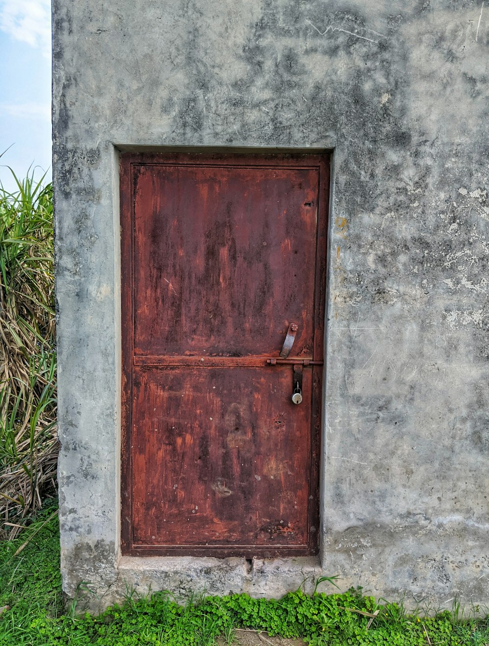 a red door in a cement wall with grass