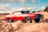 A classic red muscle car is parked on a rural road surrounded by tall, dry grass. The vehicle features sleek lines and chrome accents, with vintage styling indicative of mid-20th century American automobiles. The background includes a partly cloudy sky and scattered trees, contributing to a serene and nostalgic atmosphere.