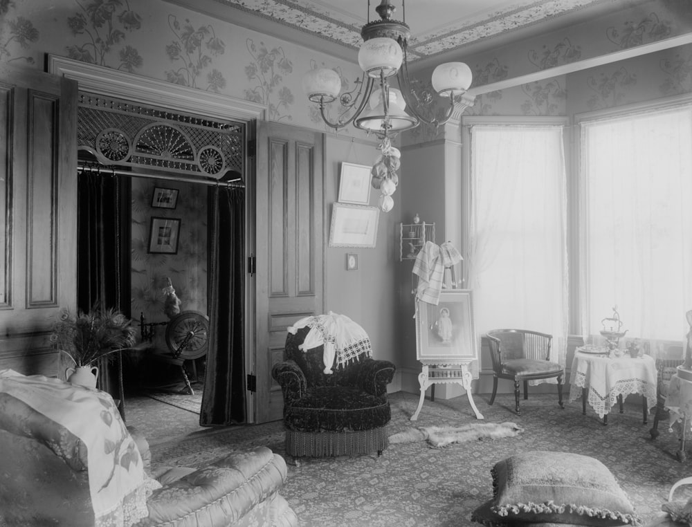 grayscale photo of living room