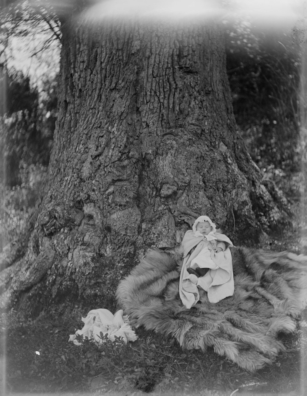 grayscale photo of woman in white jacket sitting on tree trunk