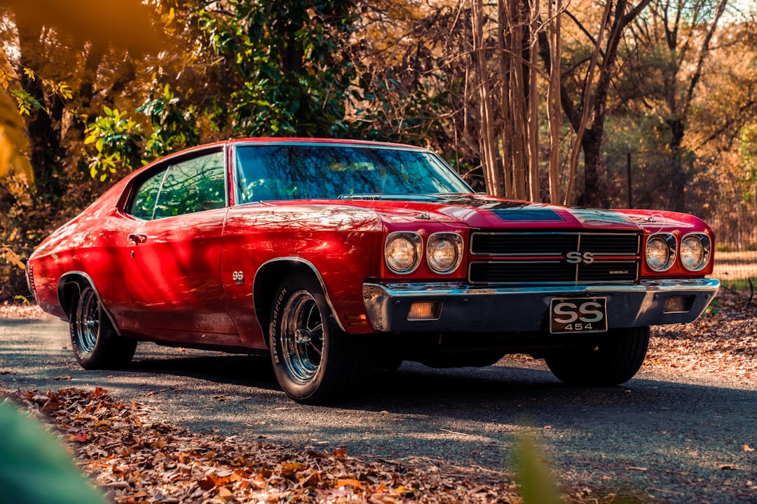 red and black chevrolet bel air parked near trees during daytime