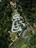 A wide shot of the kart track with lush greenery surrounding it.