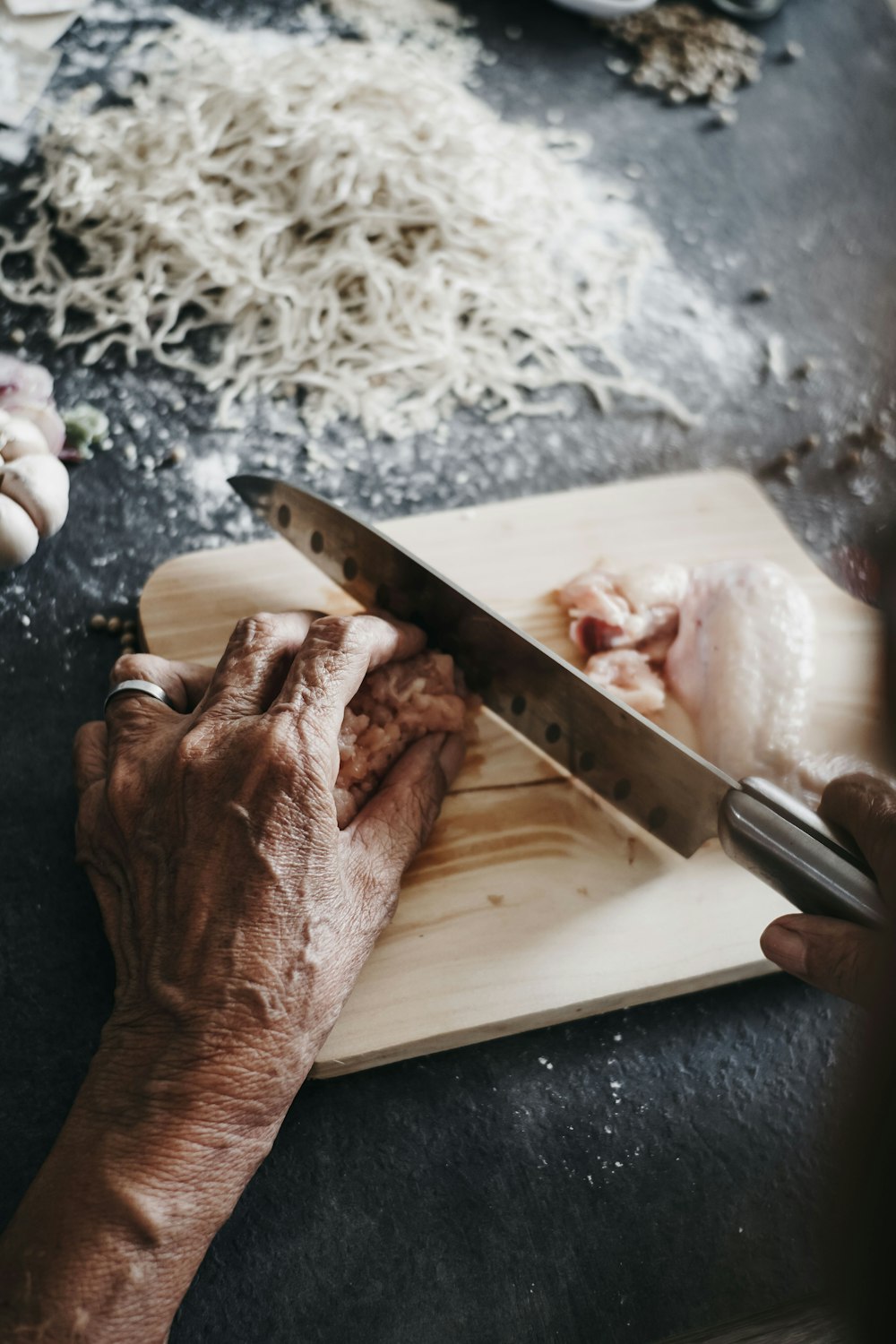 sliced meat on chopping board