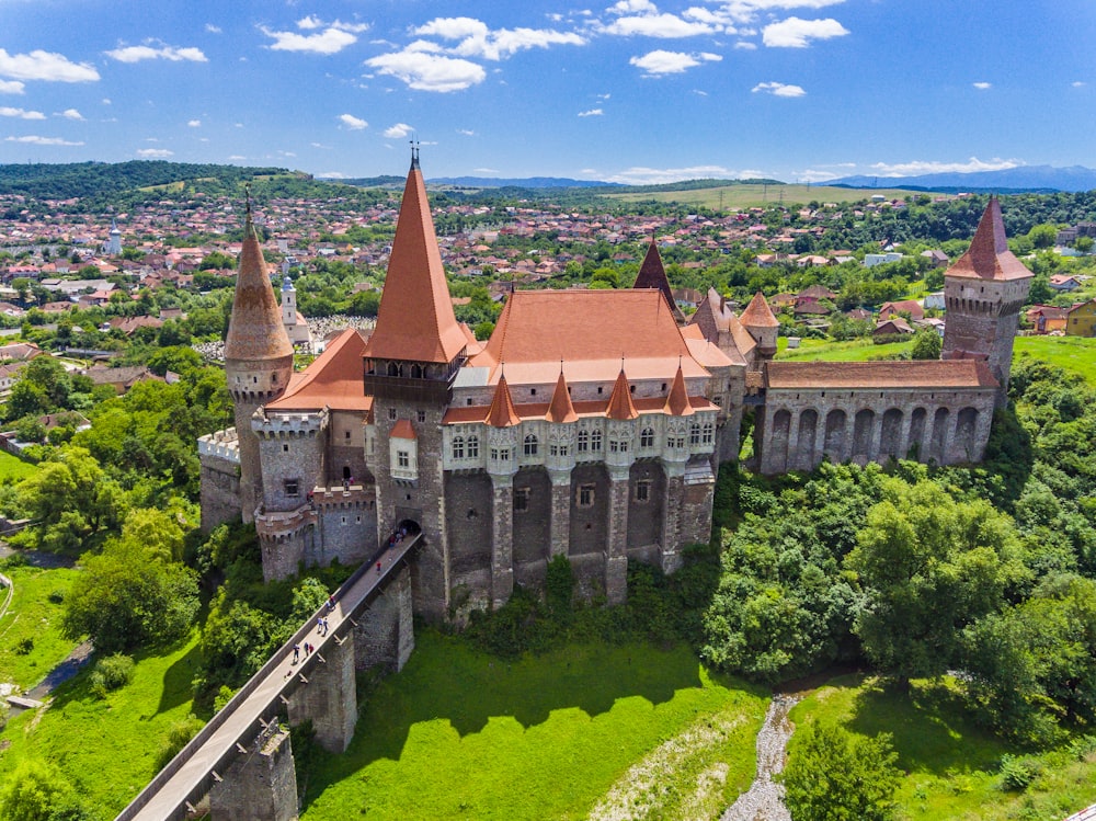 grey and brown concrete castle near green trees under blue sky during daytime