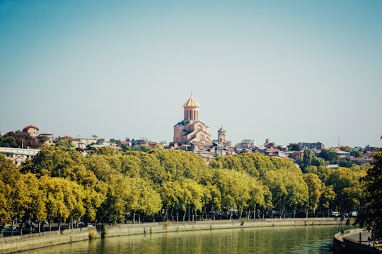 white and brown concrete building near green trees and body of water during daytime in Tbilisi Georgia