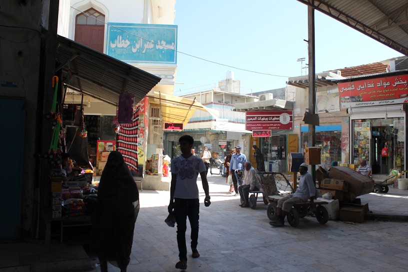 A busy marketplace displaying various international goods.