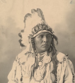 A person wearing a traditional Native American headdress adorned with feathers and beads. The attire includes necklaces and clothing with intricate patterns. The image is in sepia tones, providing a historical or vintage feel.
