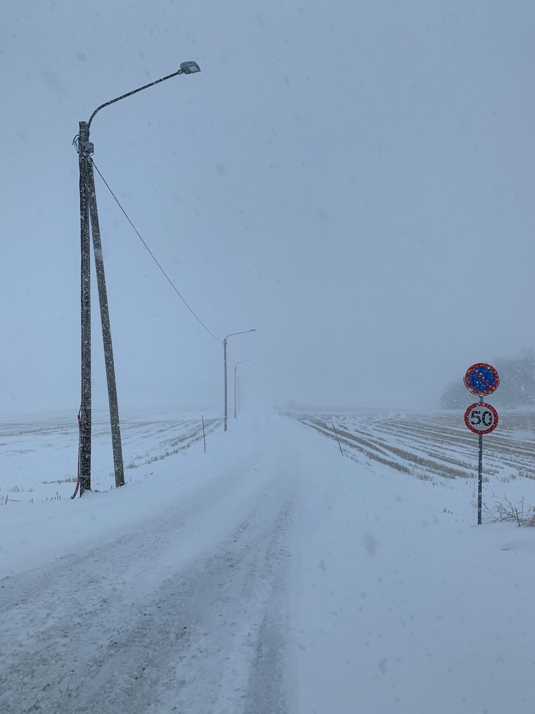 red and white street light on snow covered ground