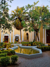 Peaceful courtyard view with lush greens and seating areas.