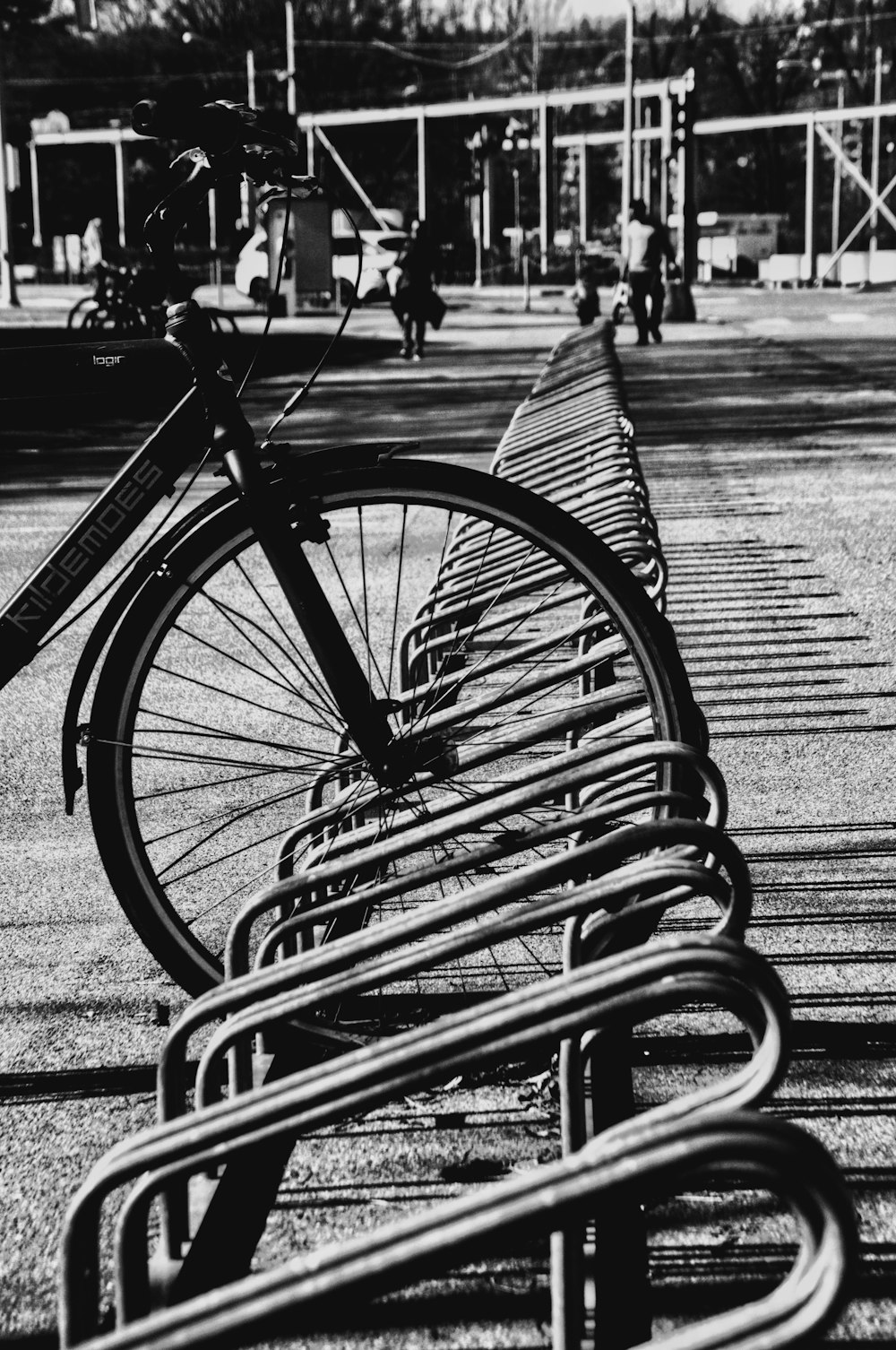 grayscale photo of bicycle on park