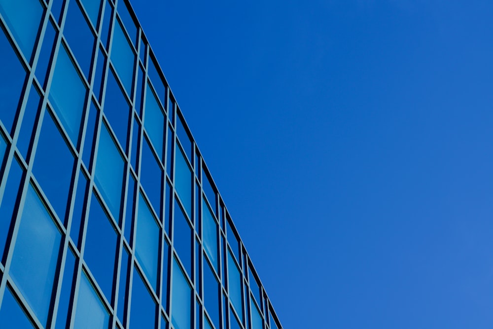 blue glass walled high rise building