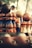 A collection of vintage wooden objects, including bowling pins and balls, with a rustic, aged appearance. The items are stacked closely together, showcasing a mix of blue, brown, and red colors.
