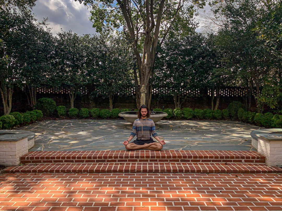 man in blue t-shirt sitting on brown brick floor near green trees during daytime