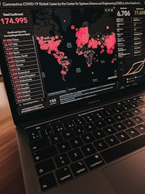 A laptop displays a global map visualization of COVID-19 cases, showing data from various countries. The left panel lists confirmed cases by country, with China having the highest count. The right panel displays the total number of deaths and recovered cases. Circles of varying sizes on the map indicate the concentration of cases in different regions.